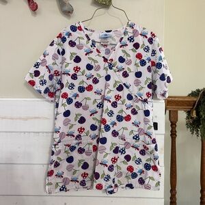 Women’s White Short Sleeve Scrub Top with Multicolored Cherry Print XS
